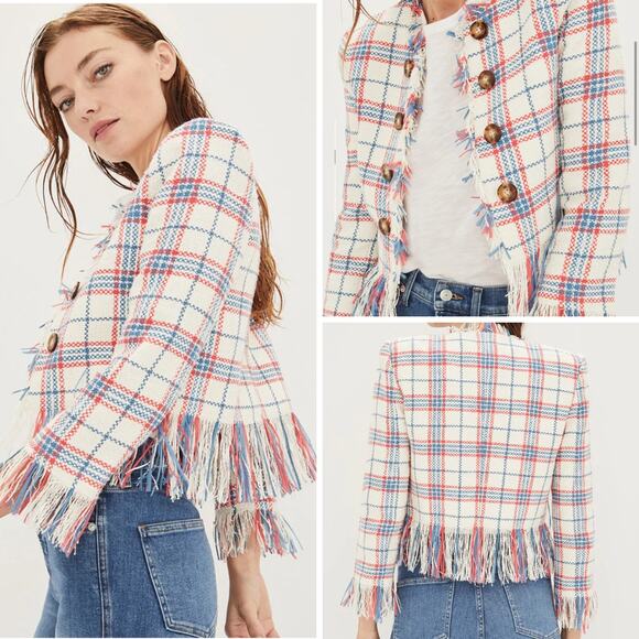 VERONICA BEARD BLAZER JACKET PLAID DOUBLE BREASTED FRINGE WHITE BLUE RED MARLTON - Picture 1 of 15